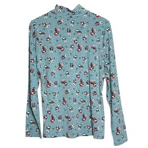 Time and Tru Womens Turtleneck Shirt XL‎ Blue Christmas English Bulldog Holly